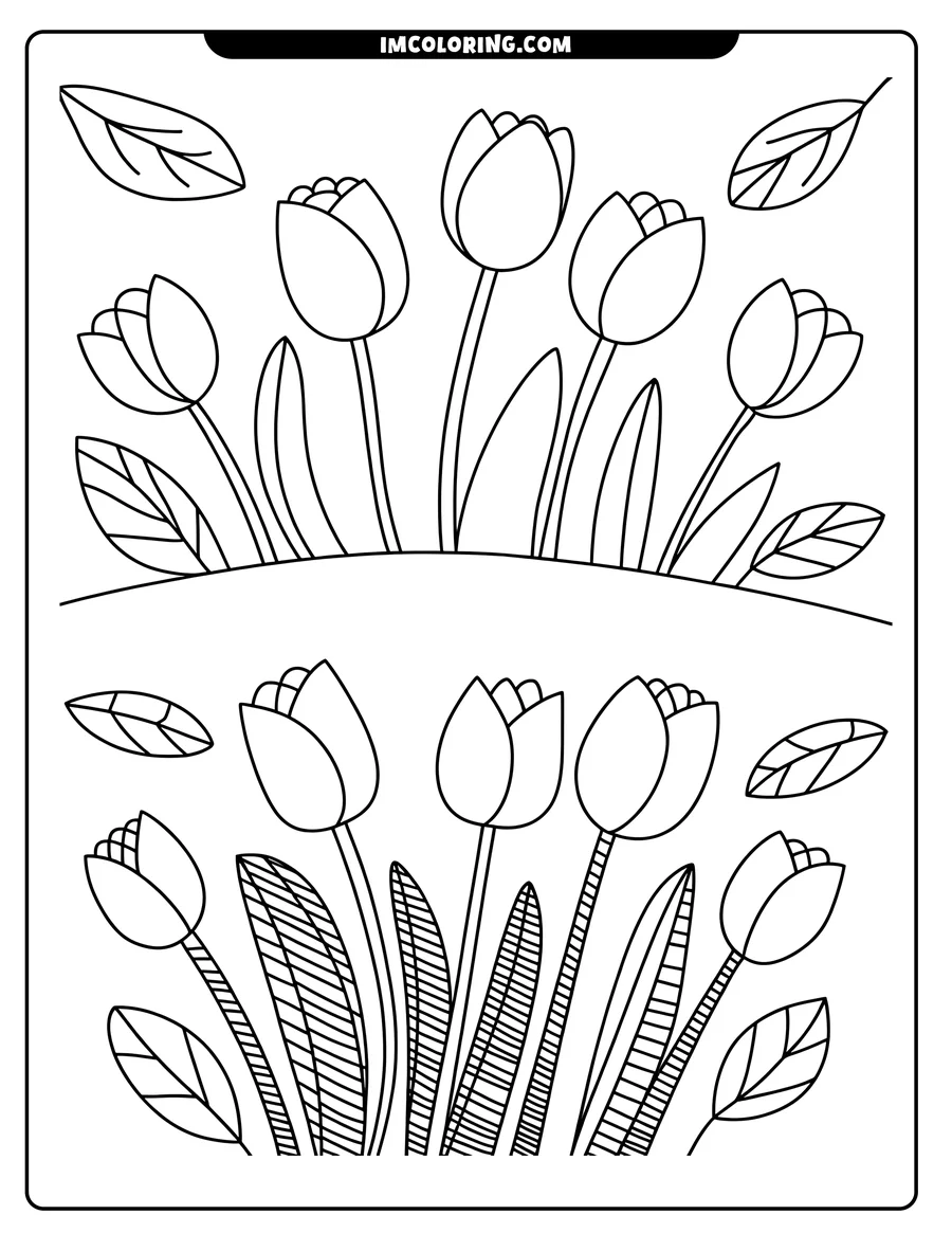 Outline of several tulips with leaves. Some leaves are falling around the tulips.