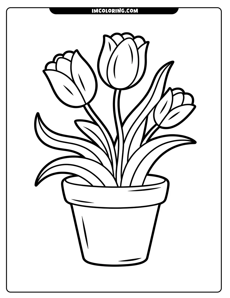 Outline of three tulips in a terracotta pot. The simple design is perfect for a spring coloring activity.
