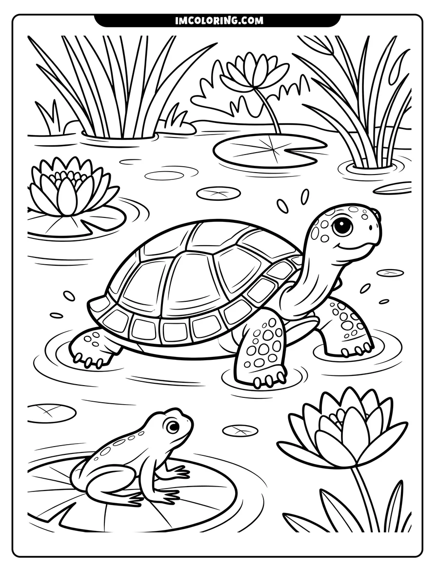 Line art of a turtle swimming in a pond with a frog on a lily pad. Reeds and lily pads surround them.
