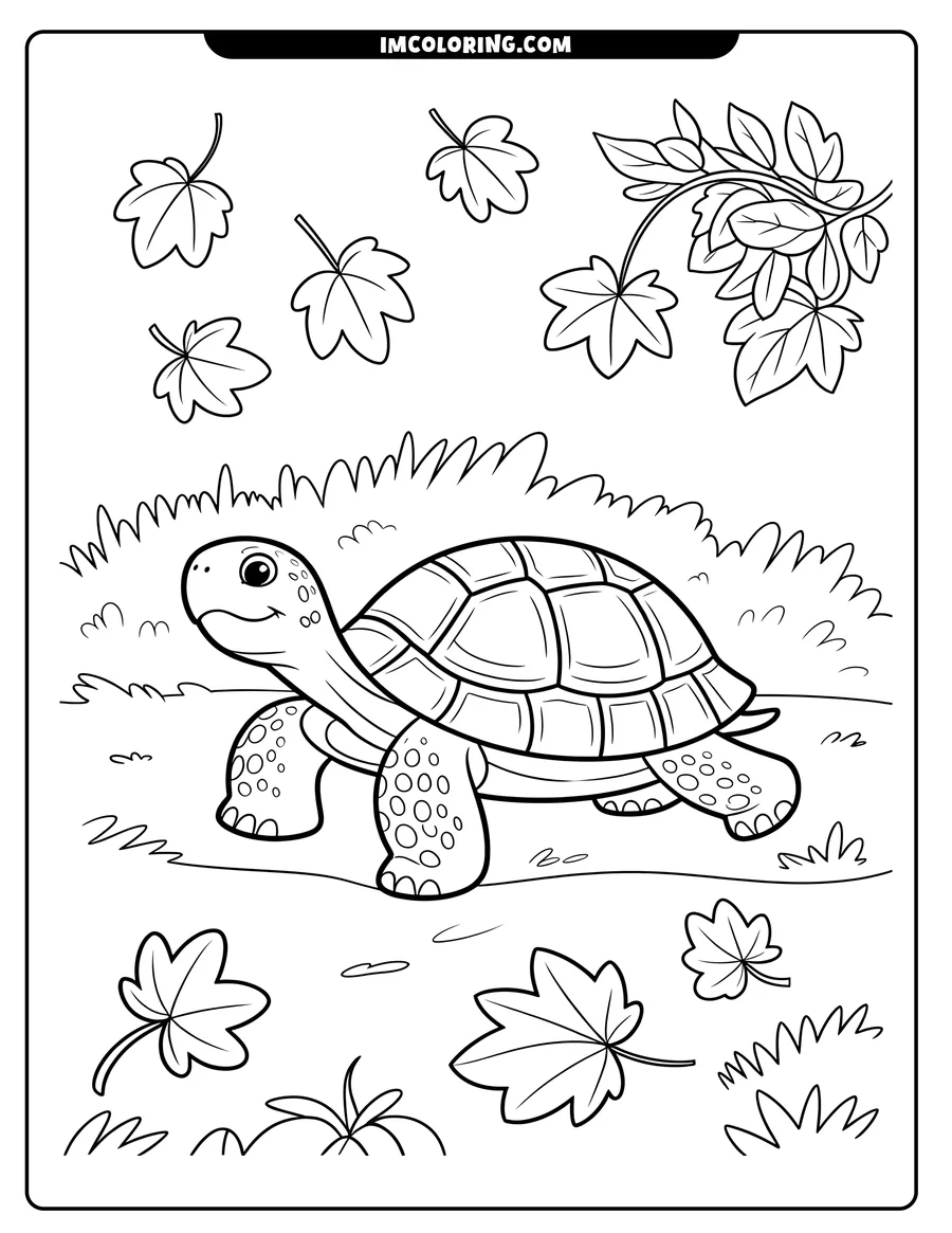 Line art of a turtle walking among fallen autumn leaves. A branch with leaves hangs overhead.