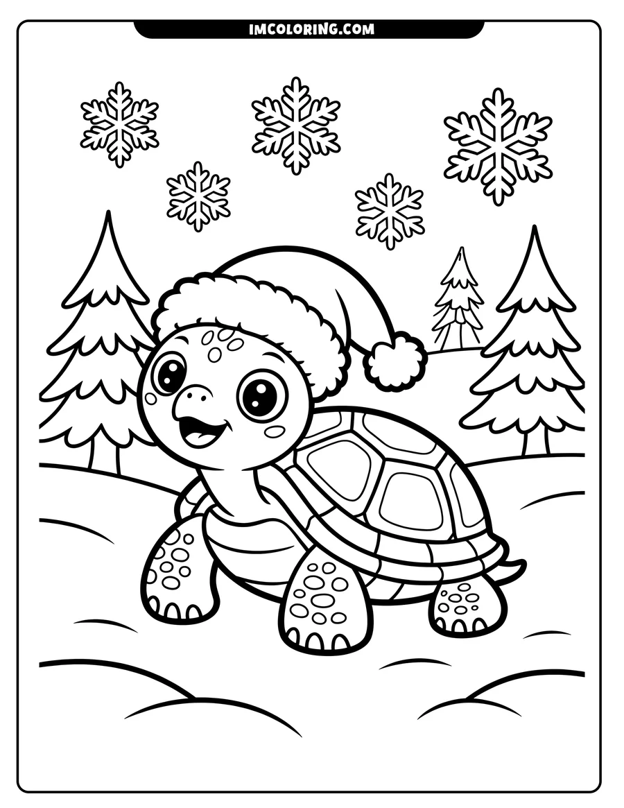 Line art of a happy turtle wearing a Santa hat in a snowy landscape with Christmas trees and falling snowflakes.
