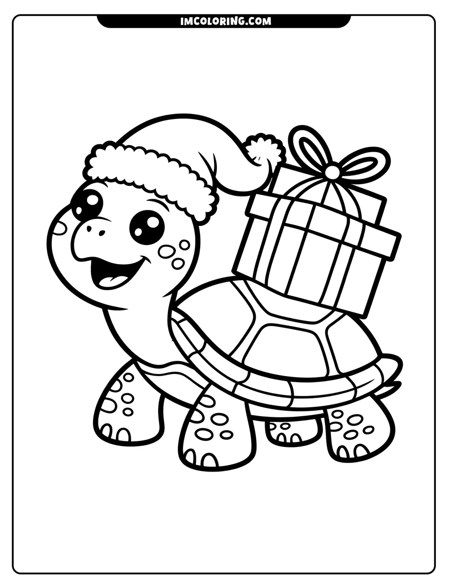 Outline of a happy turtle wearing a Santa hat and carrying a Christmas gift on its shell.