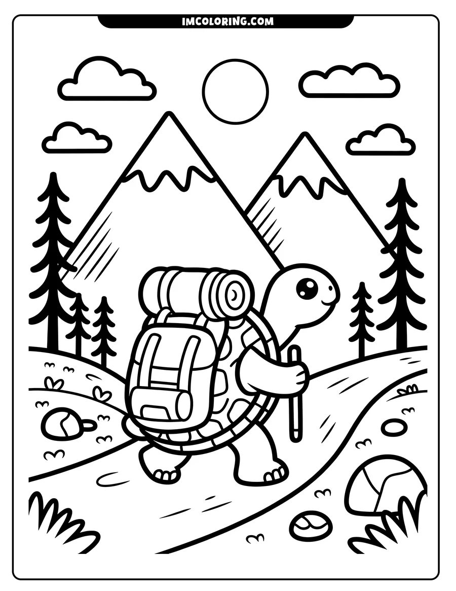 Line art of a turtle hiking in the mountains with a backpack and walking stick. The scene includes trees, mountains, and a path.