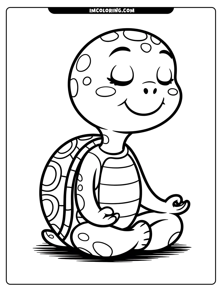 Line art of a turtle sitting in a meditative pose with closed eyes and a peaceful expression.