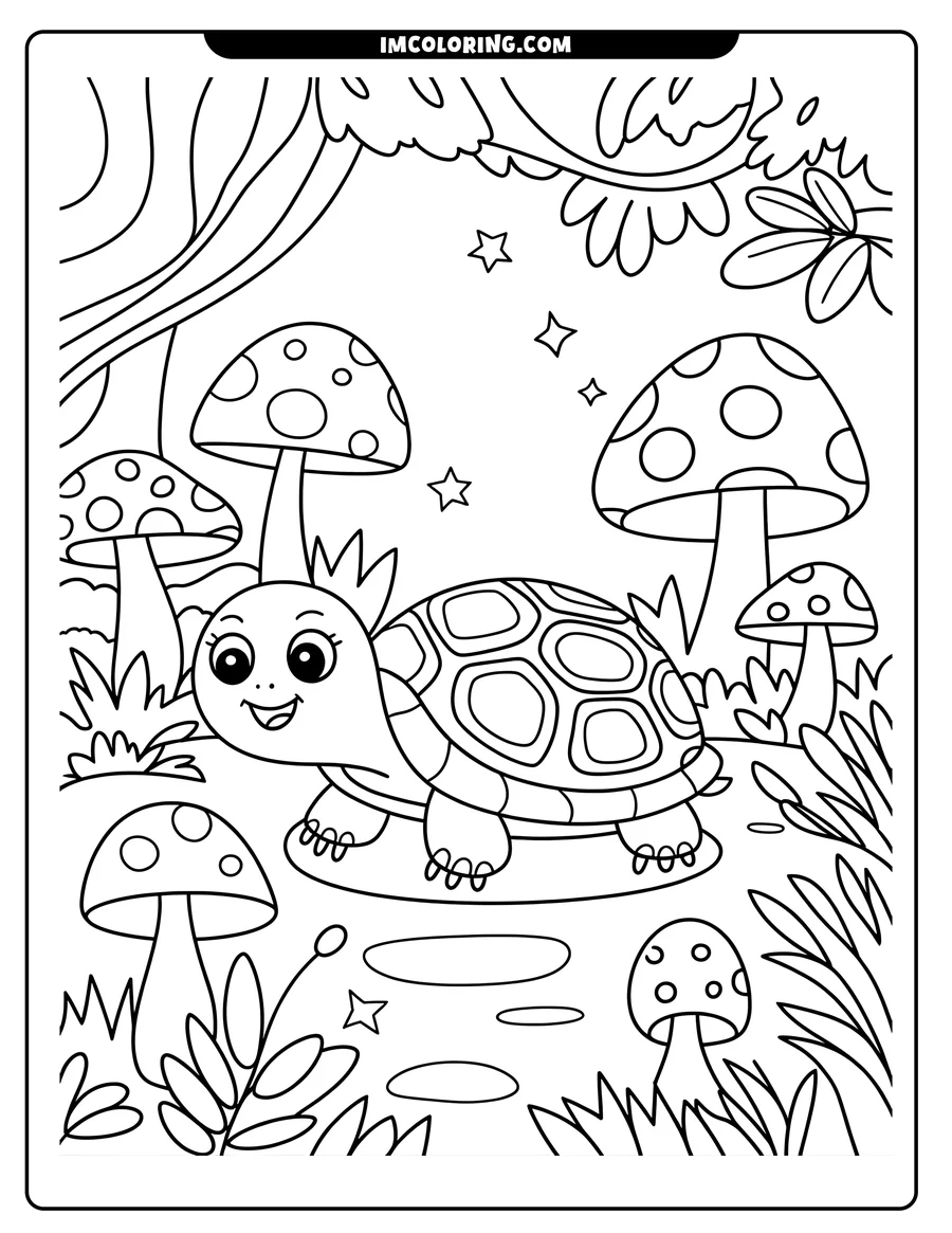 Outline of a smiling turtle near spotted mushrooms in a whimsical setting.