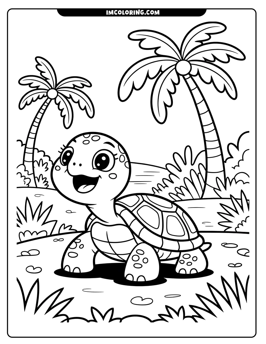 Outline of a happy turtle walking near two palm trees in a tropical setting.