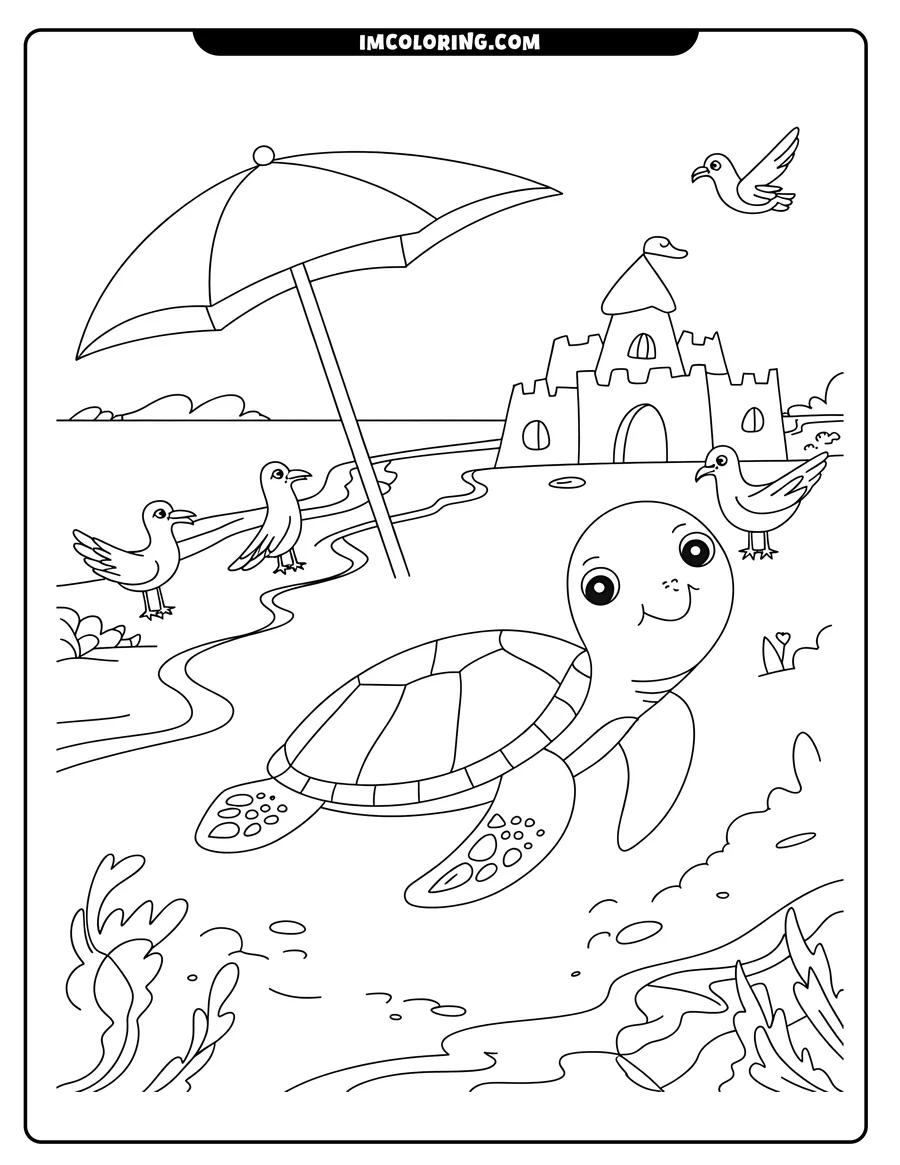 Line art of a smiling turtle near a sandcastle on a beach, with seagulls and a beach umbrella in the background.
