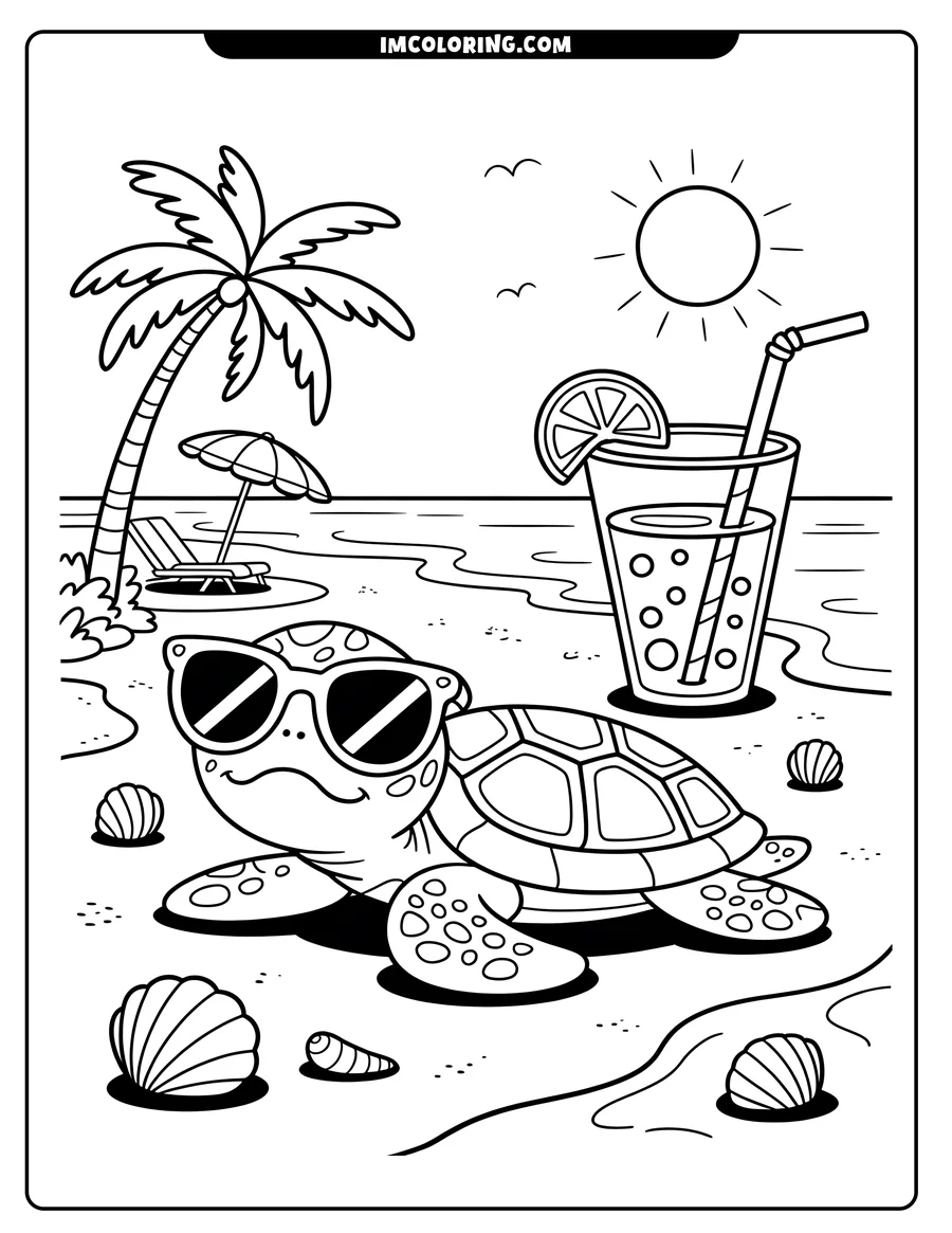 Line art of a turtle wearing sunglasses on a beach, with a drink, palm tree, and beach umbrella.
