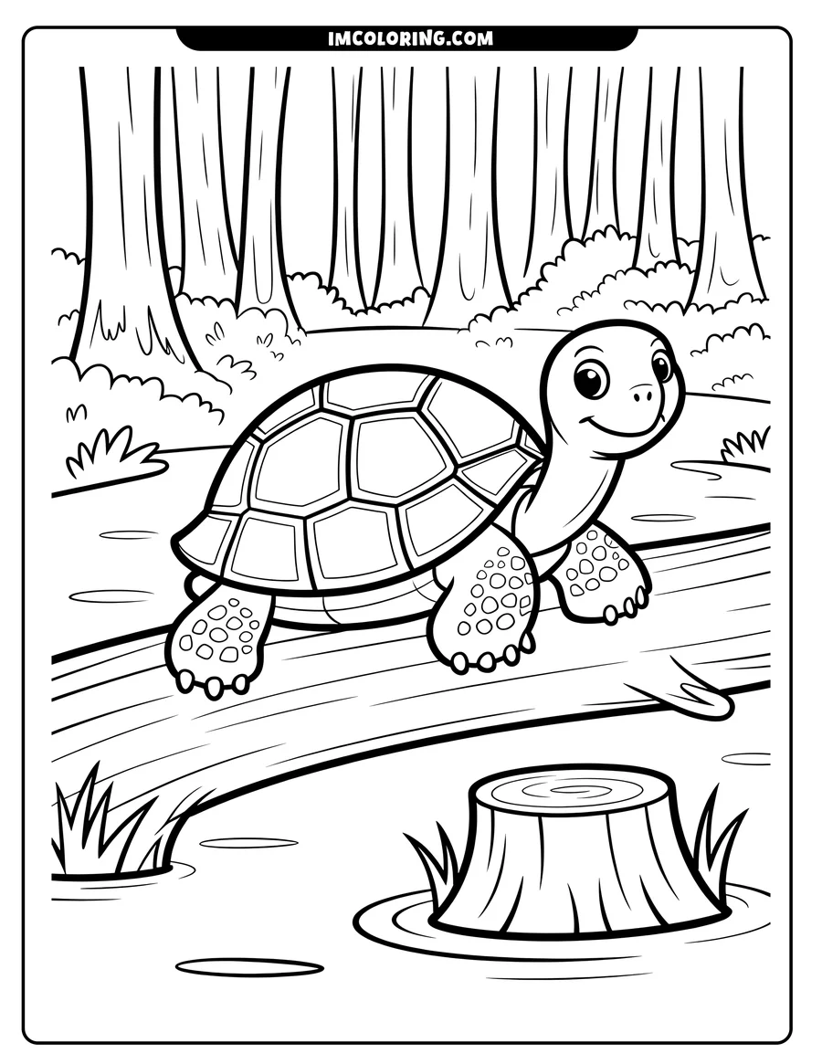 Line art of a turtle walking on a log over water. A tree stump sits in the water below, and trees are visible in the background.