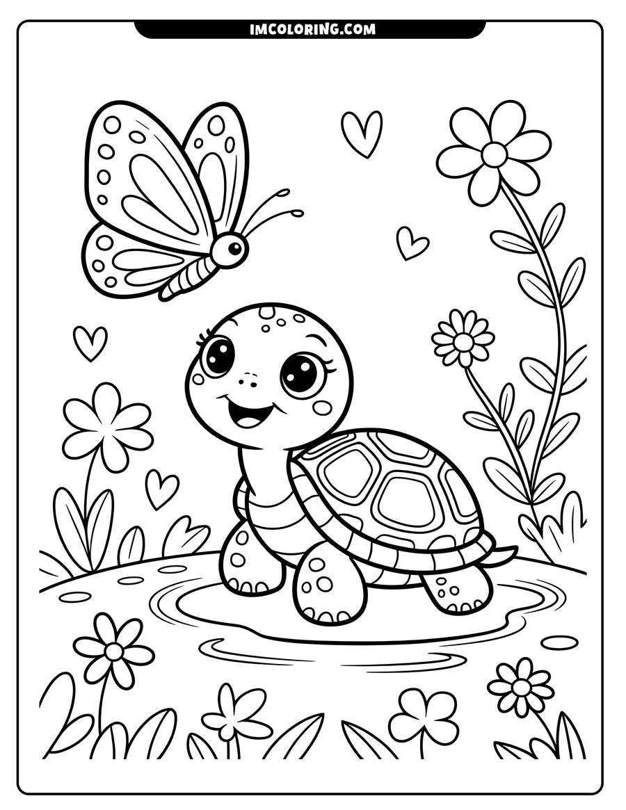 Line art of a cute, smiling turtle standing near a pond, with a butterfly and flowers around it.