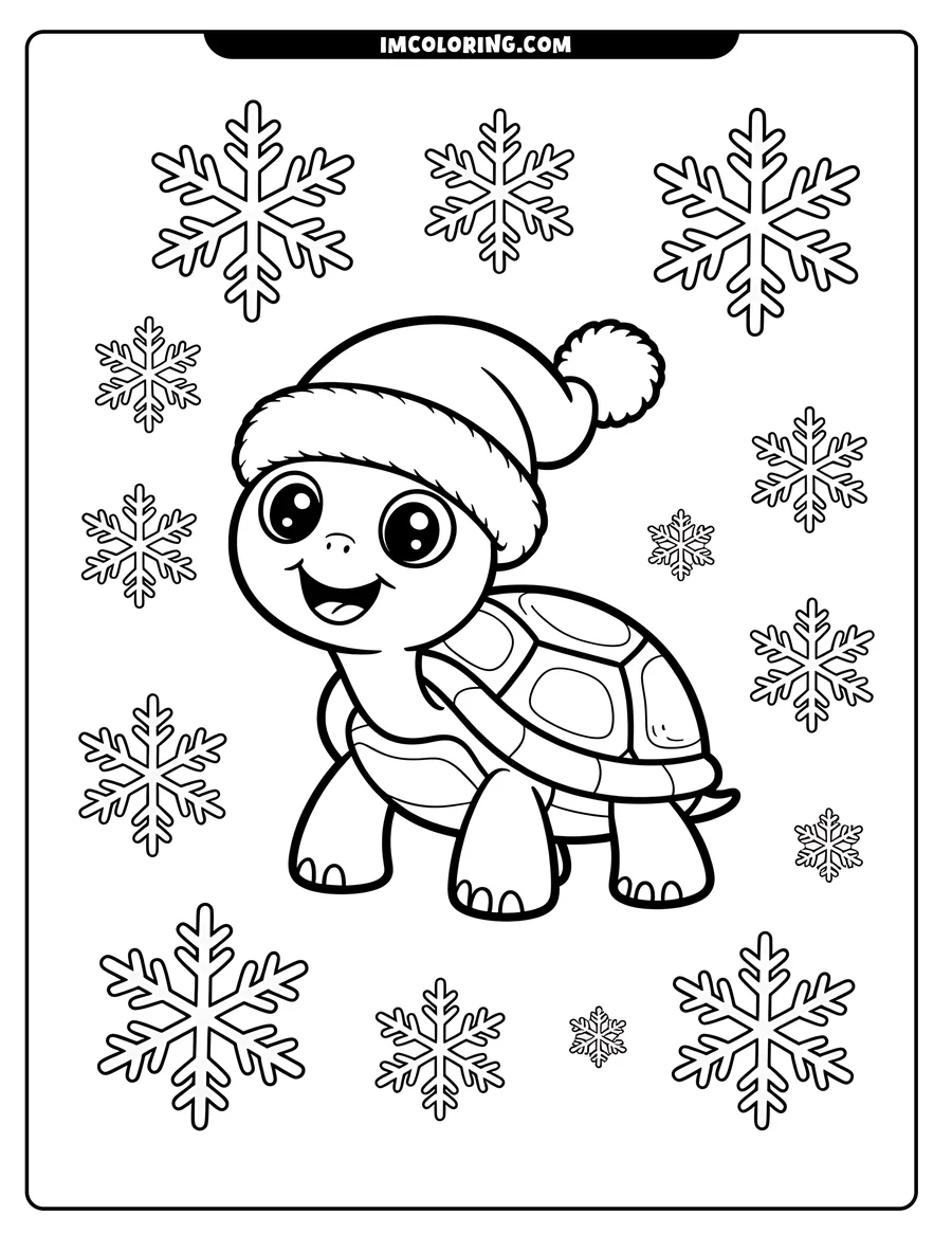 Outline of a happy turtle wearing a Santa hat, surrounded by snowflakes.
