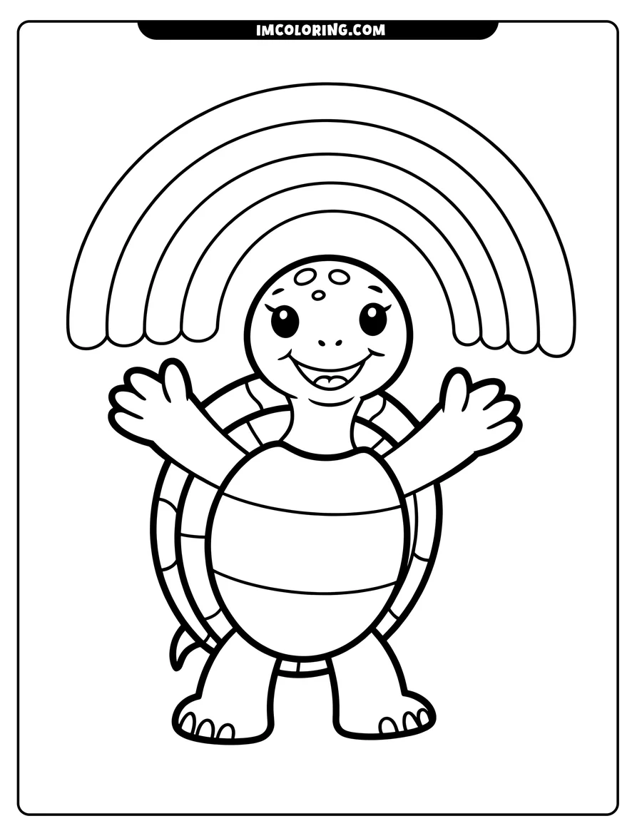 Outline of a happy turtle standing beneath a rainbow with its arms open wide.
