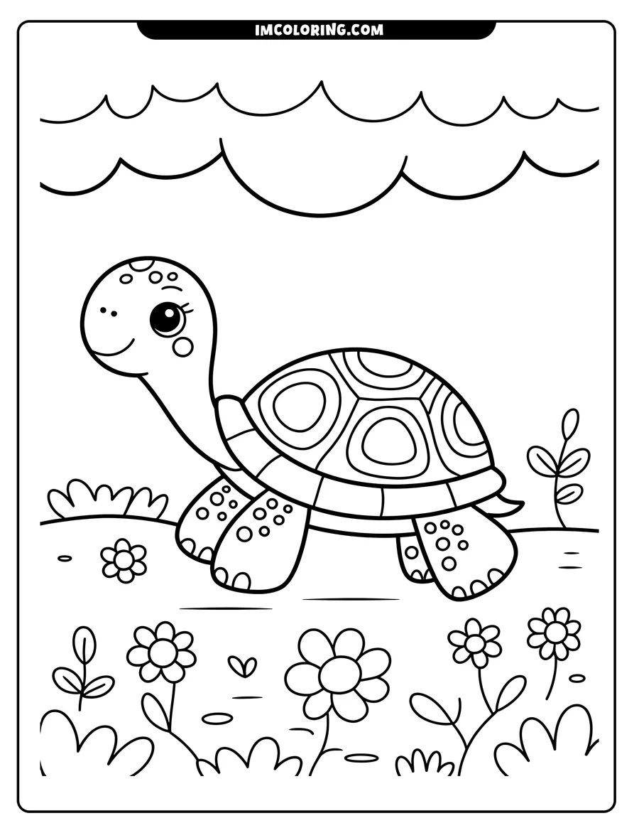Outline of a happy turtle walking among flowers and grass.