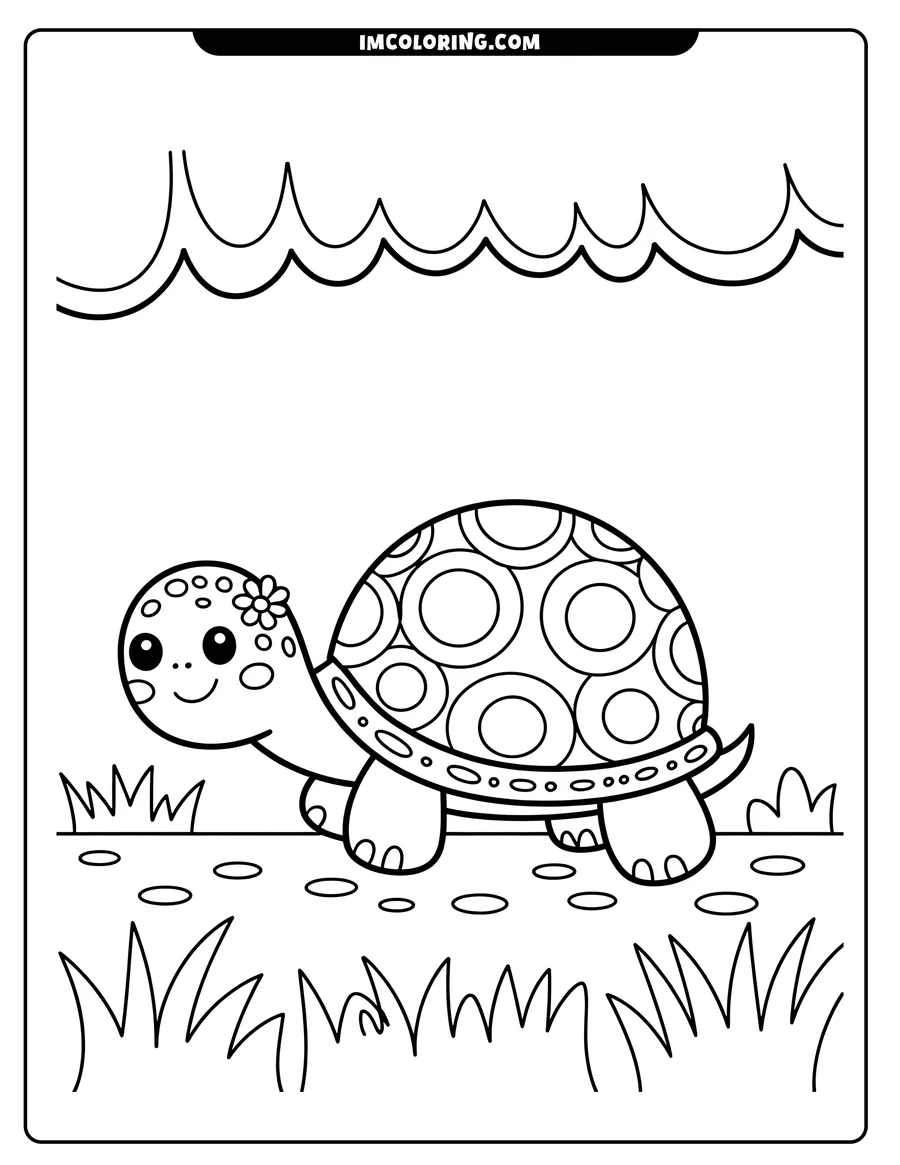 Line drawing of a turtle with a patterned shell, walking in the grass with a small flower on its head. Wavy lines in the background could be interpreted as water.