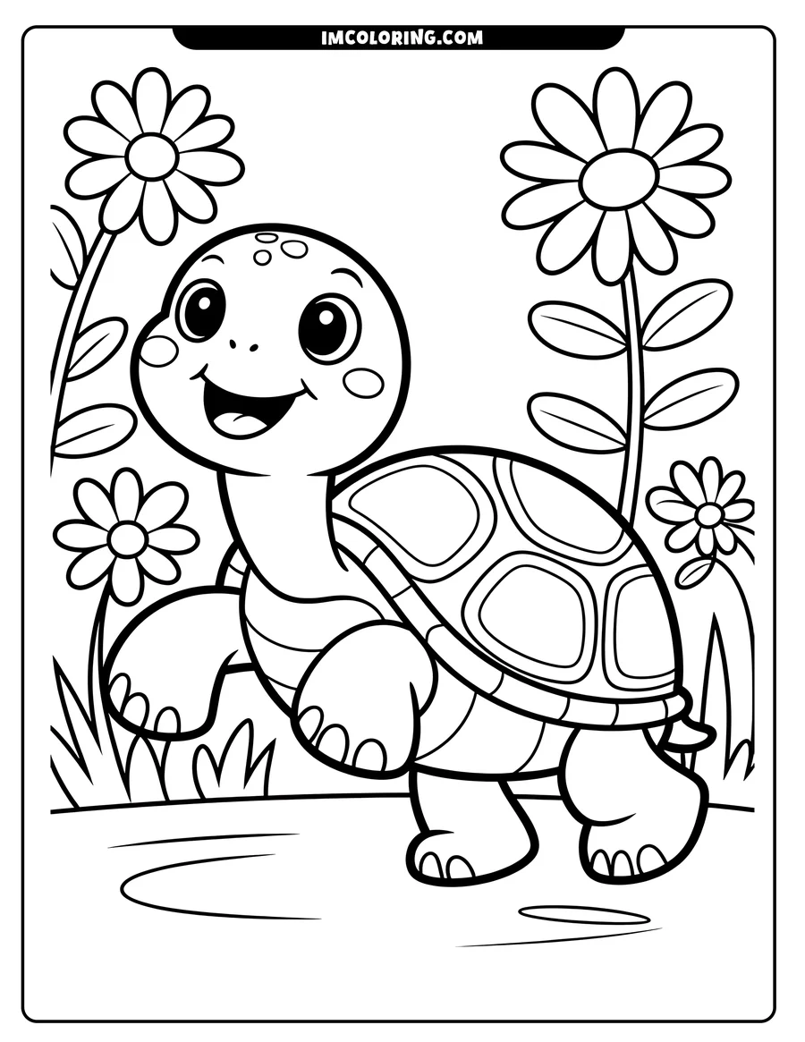 Outline of a happy turtle walking near daisies. Its shell has distinct segments, and it looks cheerful.