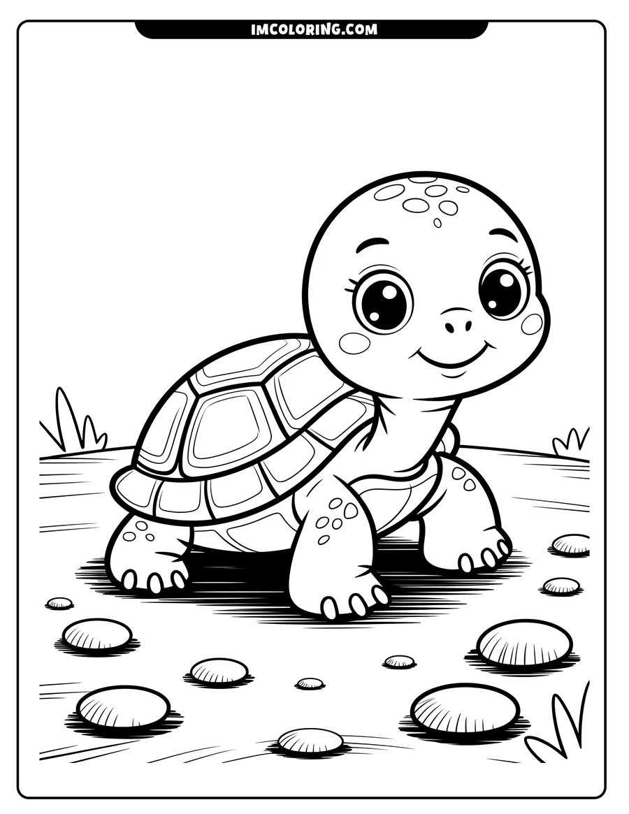 Outline of a cartoon turtle walking on pebbles. Blades of grass are visible in the background.