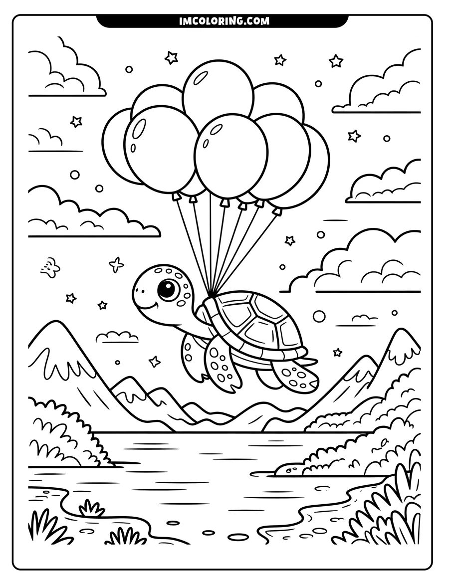 Outline of a cartoon turtle floating with balloons over a tranquil lake and mountains.