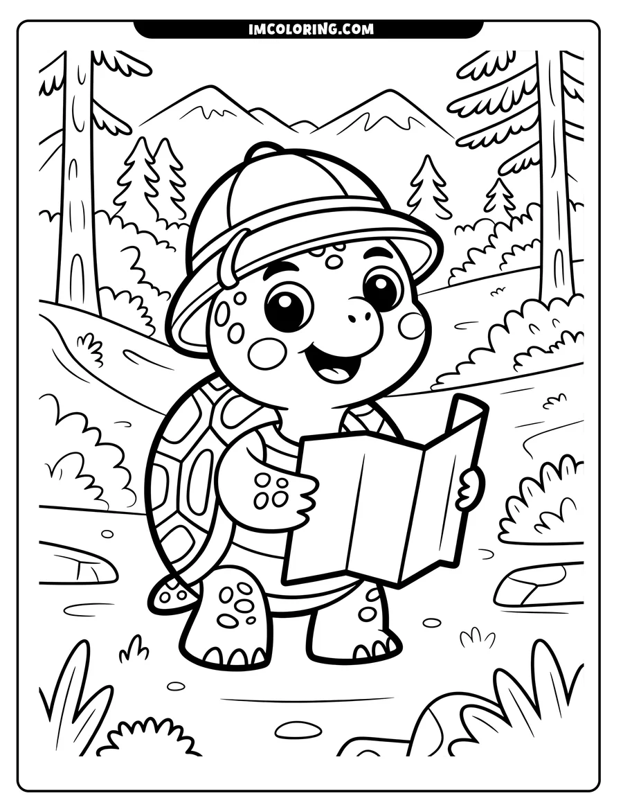 Outline of a turtle wearing a safari hat and holding an open map in a forest setting