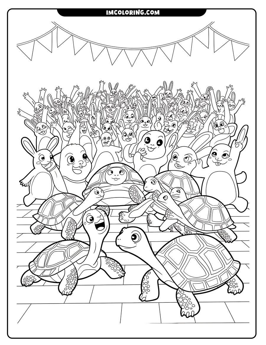 Line art of several turtles with patterned shells, possibly dancing or walking forward, with a crowd of cheering rabbits in the background and party flags overhead.