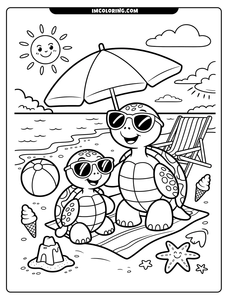 Two turtles wearing sunglasses sit on a beach towel under an umbrella. There's a beach ball, ice cream cones, a sandcastle, and starfish nearby.