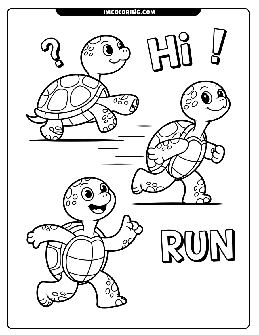 Line art of three turtles. One turtle looks as if it's asking a question, another says