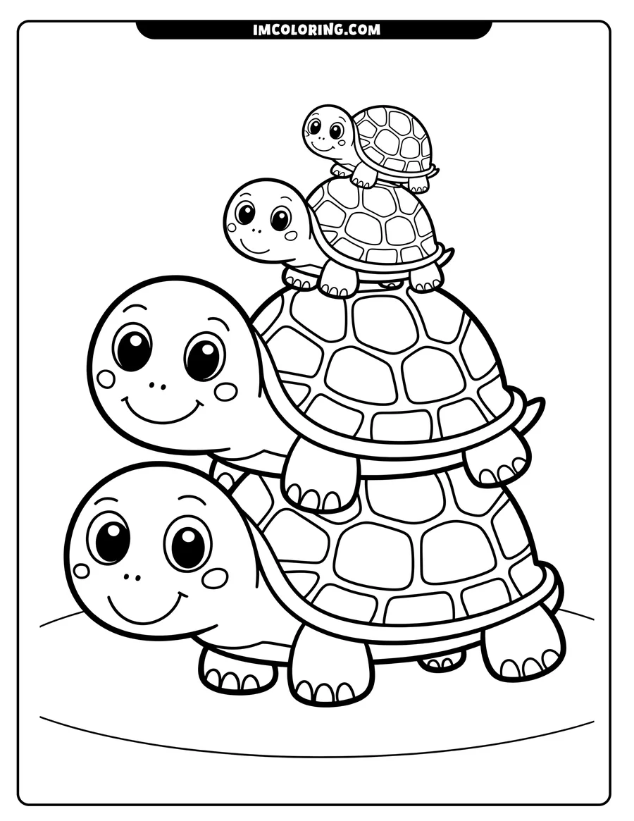 Line art of three turtles stacked on top of one another. They have large, friendly eyes and patterned shells.