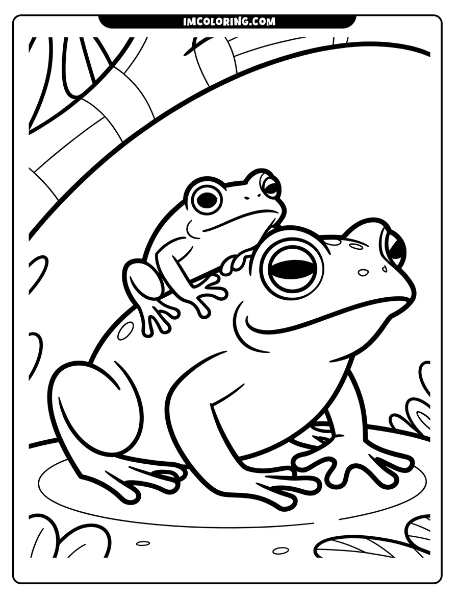 Two frogs sitting on a lily pad. A smaller frog sits atop the larger one in a calm, friendly pose.