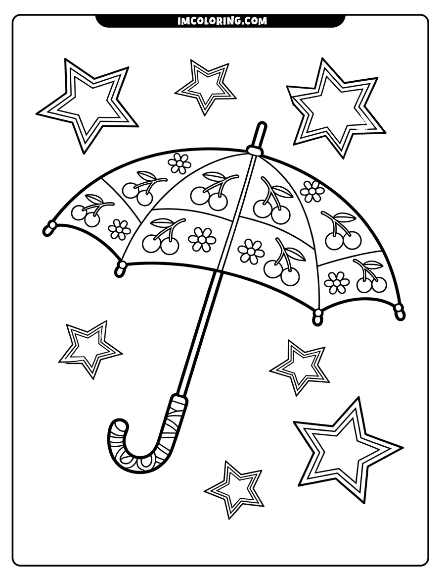 Line art of an open umbrella decorated with cherries, flowers, and surrounded by stars.
