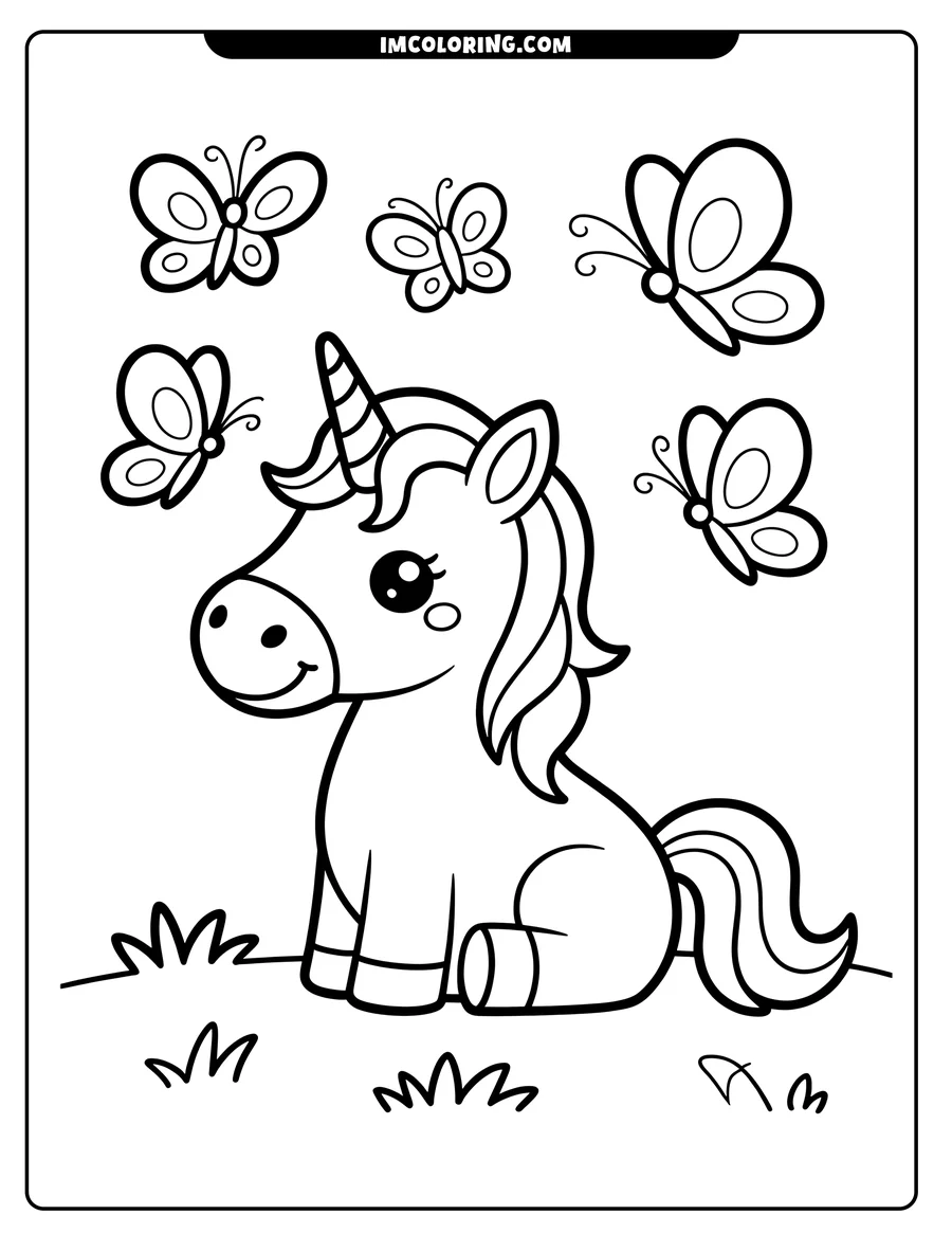 Outline of a cartoon unicorn sitting on the ground, with several butterflies fluttering around it.