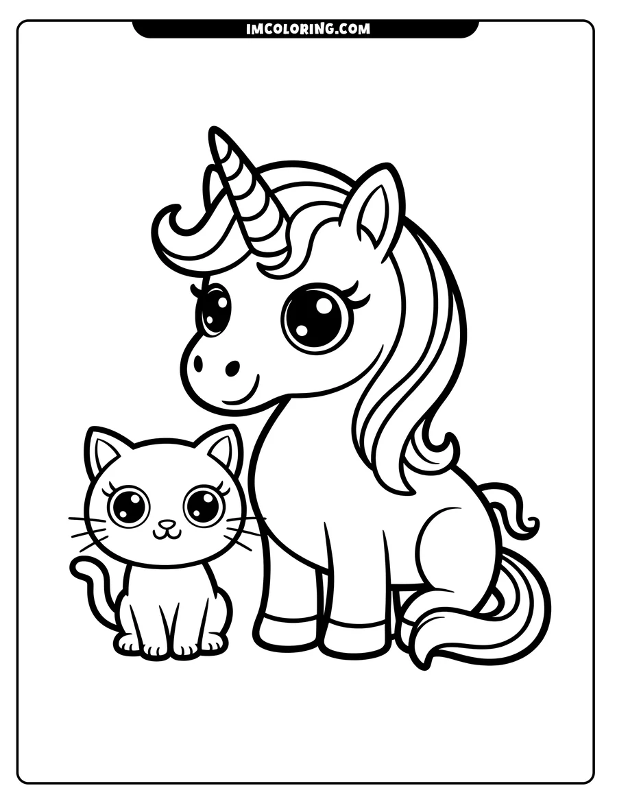 Outline of a unicorn and a cat sitting side by side.