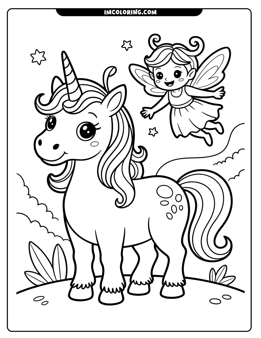 Outline of a unicorn and a fairy with butterfly wings. Stars are visible in the background.