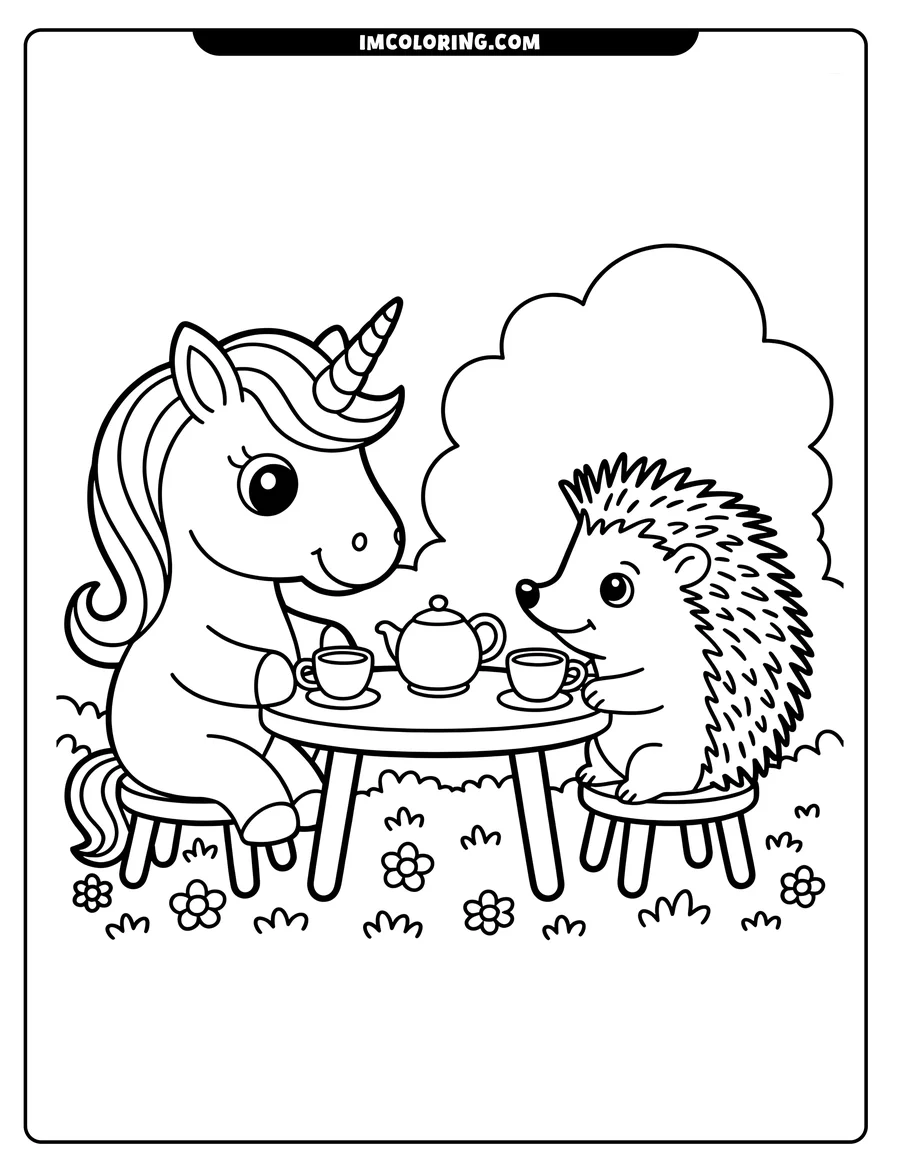 Line art of a unicorn and hedgehog having tea at a small table outdoors, surrounded by grass and flowers.