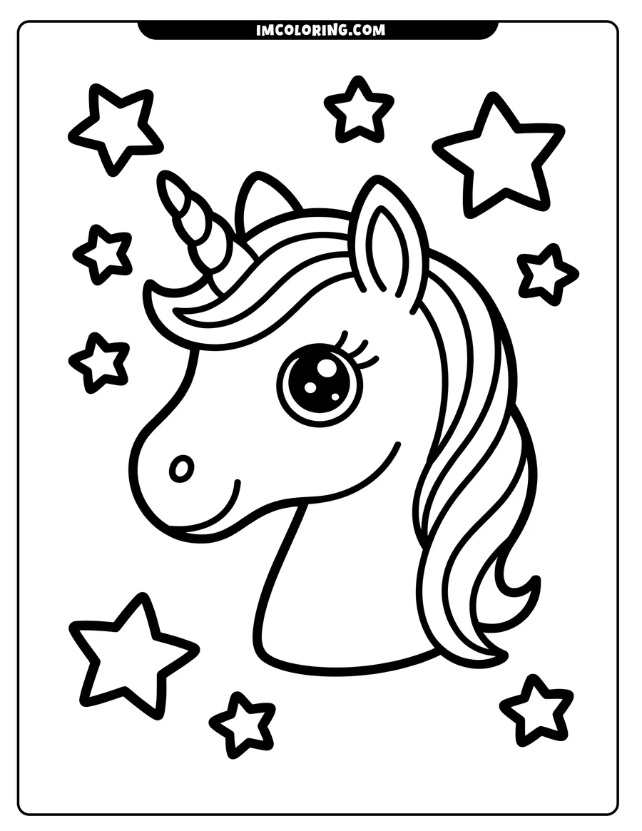 Line art of a unicorn head with a striped horn, large eyes, and flowing mane, surrounded by stars.