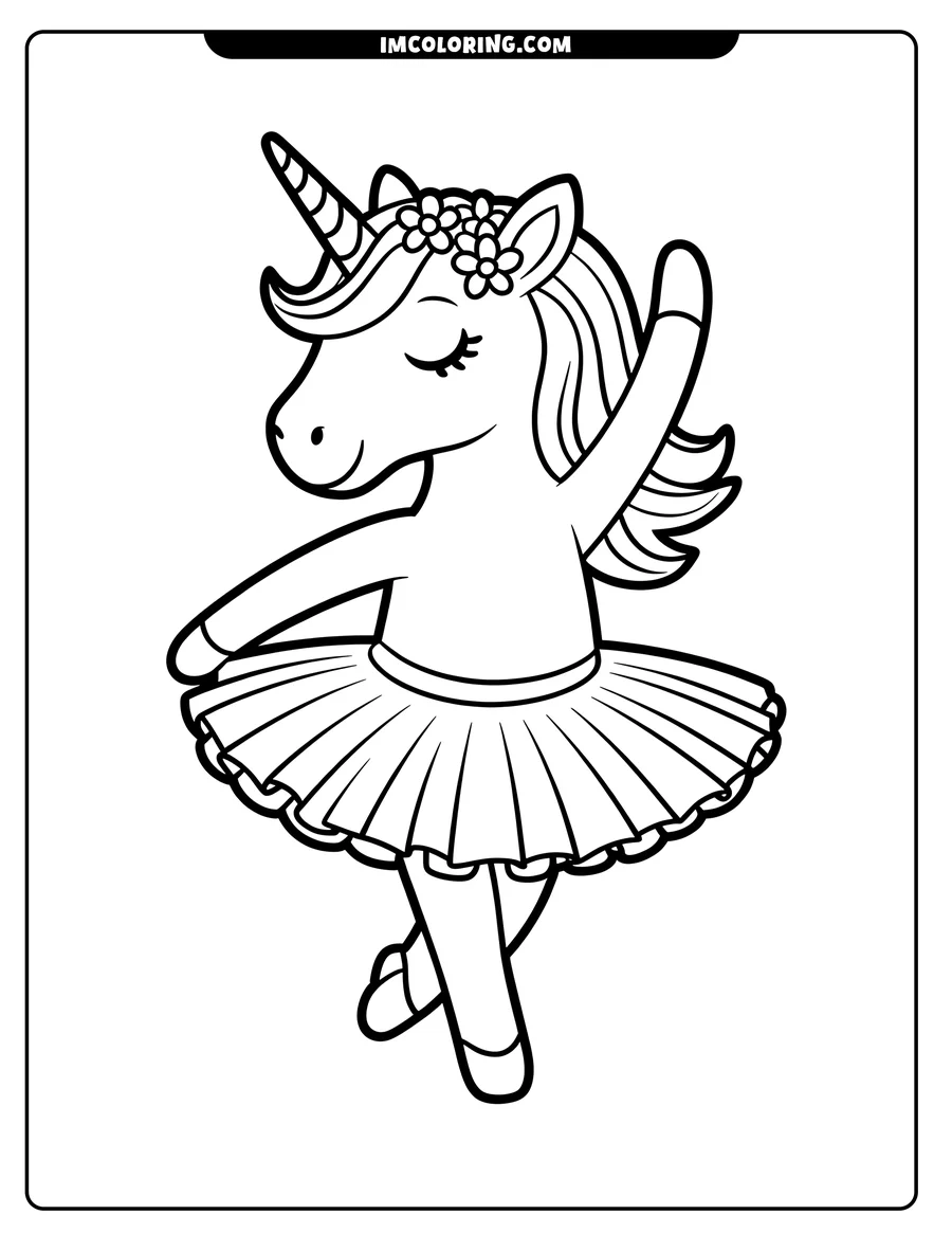 Outline of a cartoon unicorn dressed as a ballerina, mid-dance pose.