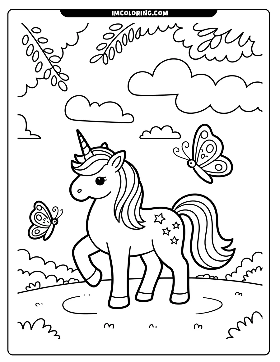 Outline of a unicorn with stars on its flank, standing in a field with two butterflies nearby. Clouds and bushes complete the scene.