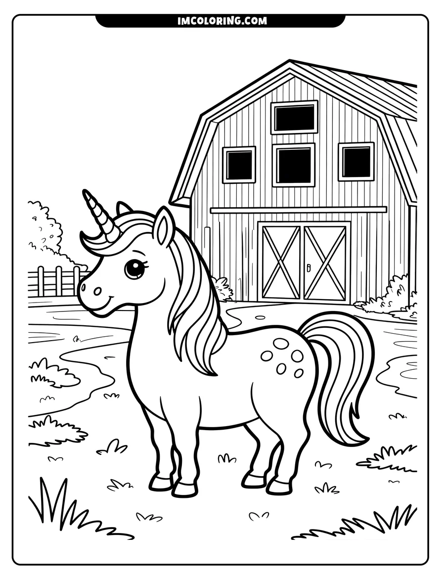 Outline of a unicorn standing in a field near a barn, with a fence and tree in the background.