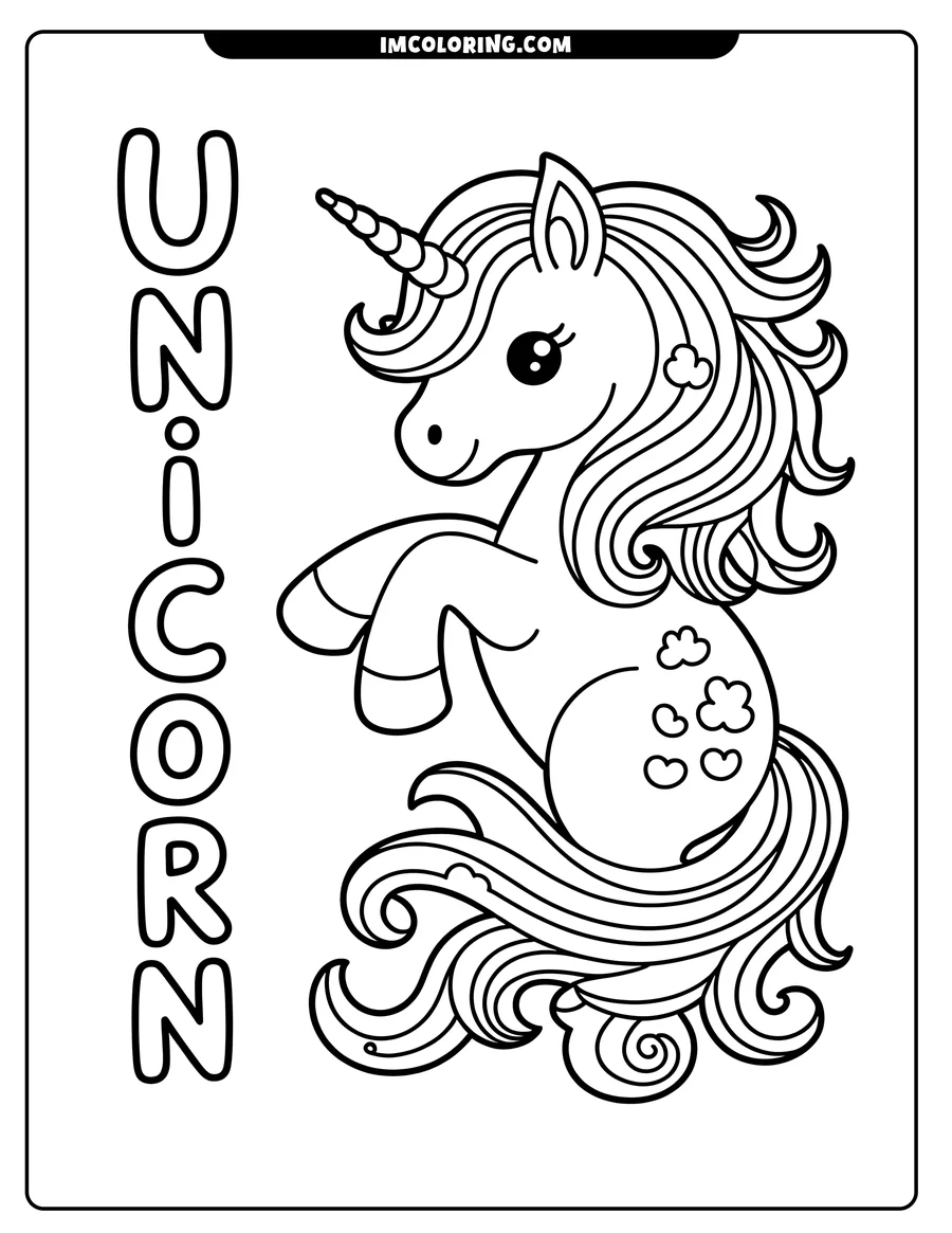 Outline of a cartoon unicorn with a striped horn, flowing mane, and cloud markings