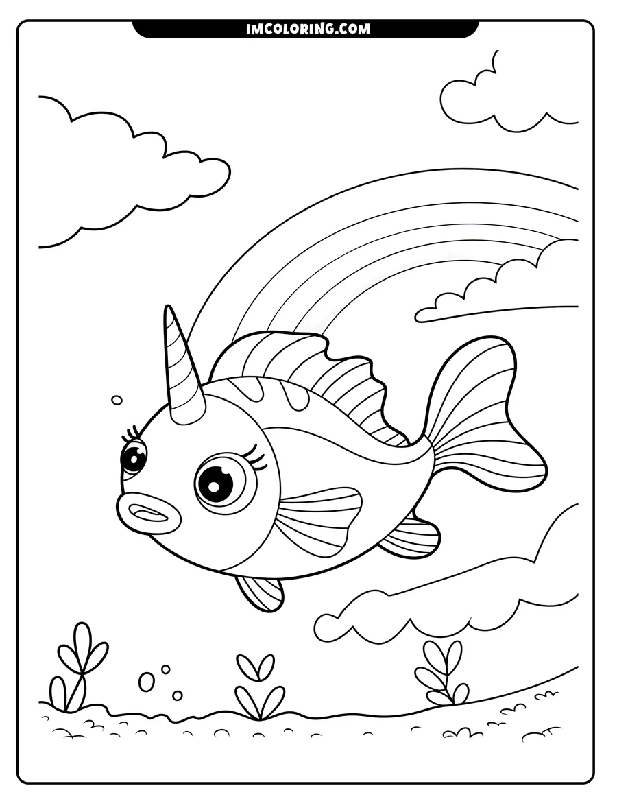 Outline of a unicorn fish swimming beneath a rainbow in the ocean. Seaweed and bubbles are visible near the sandy bottom.
