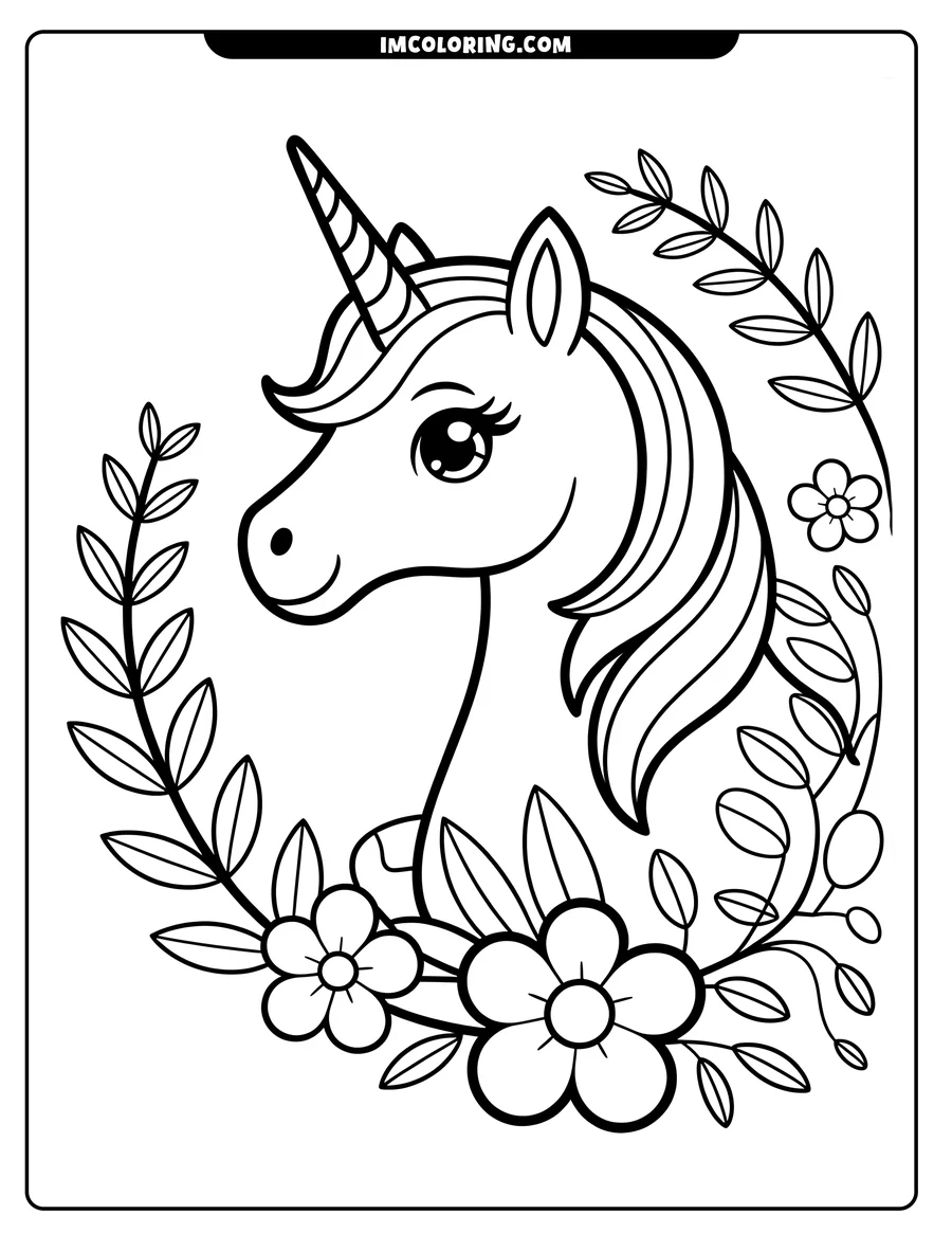 Outline of a unicorn head with a striped horn, surrounded by a wreath of flowers and leaves.