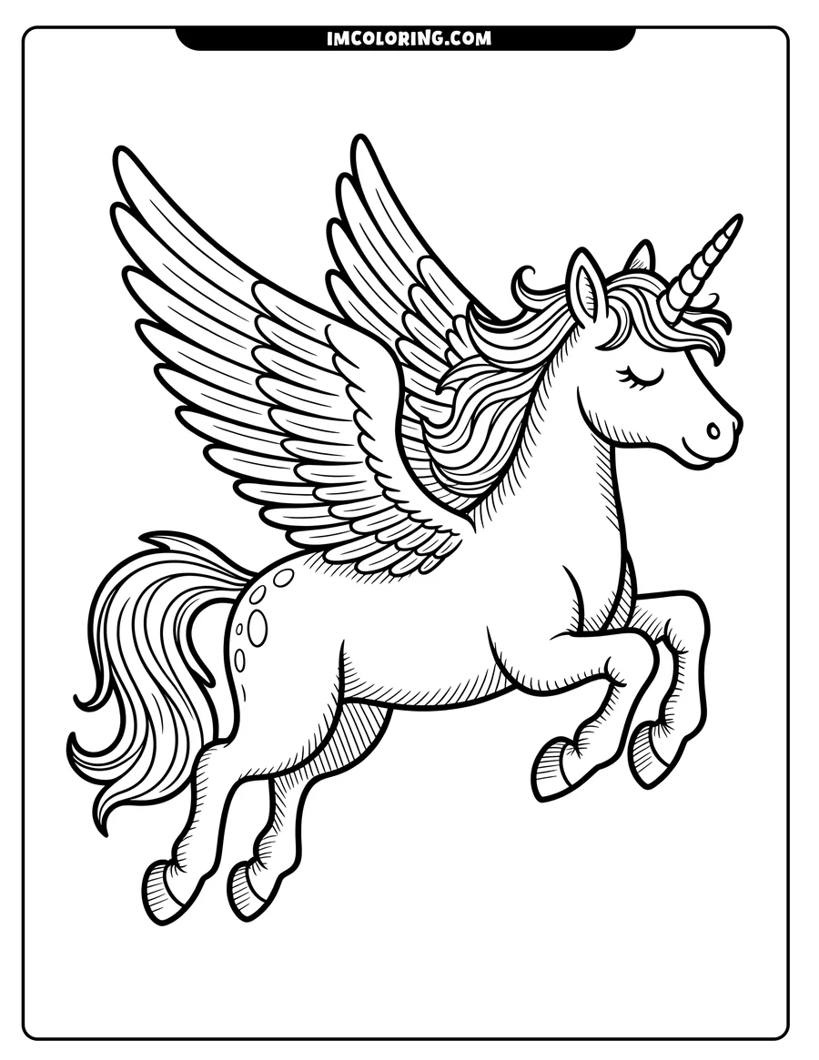 Line art of a unicorn with wings flying. It has a long, flowing mane and tail, a spiraled horn, and closed eyes.