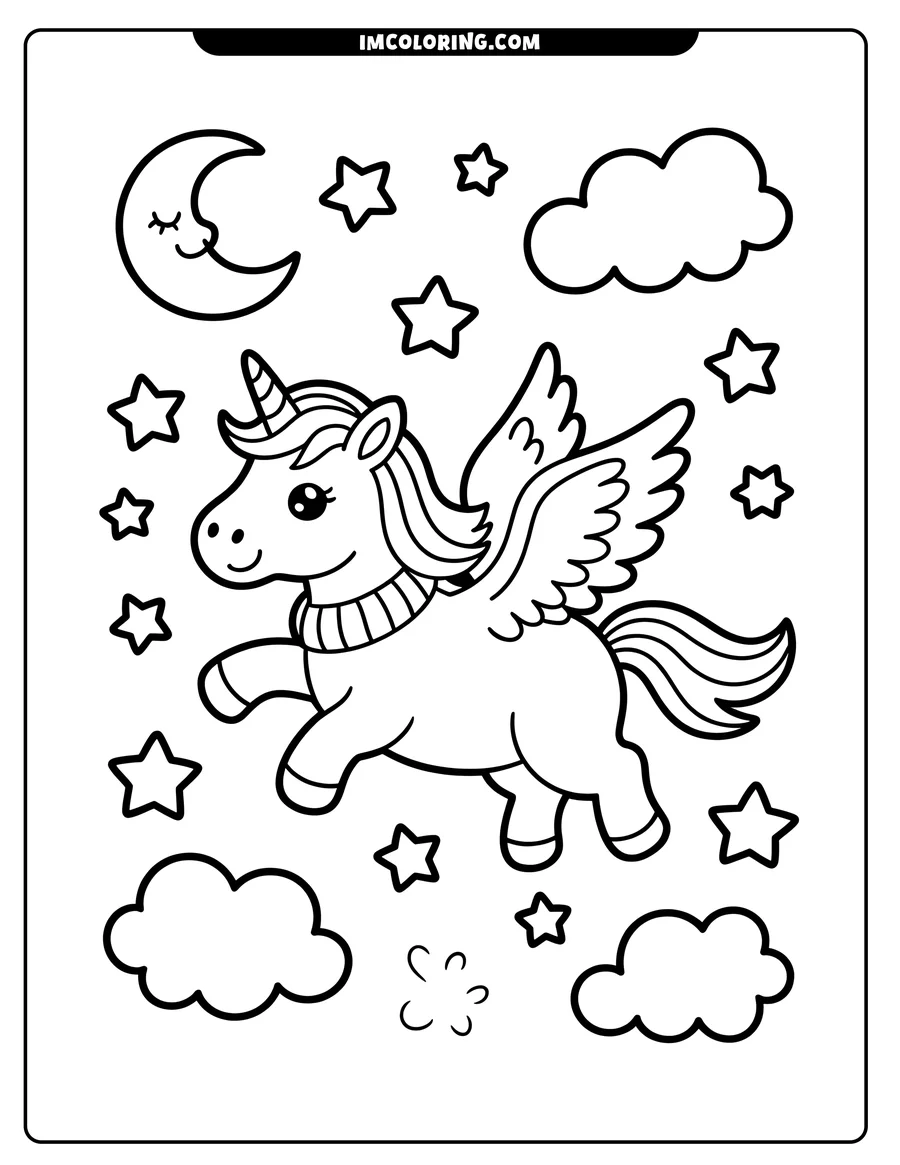 Line art of a winged unicorn flying in the night sky among stars and clouds.