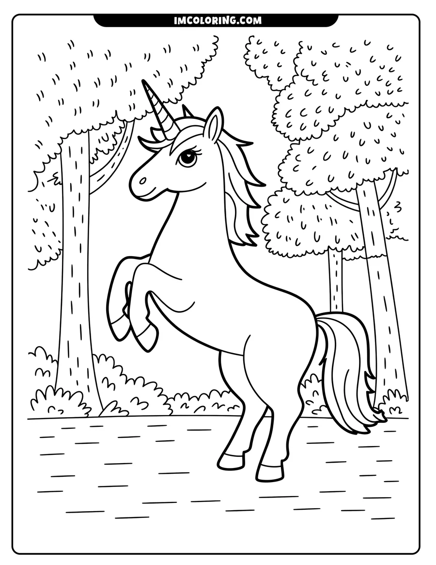 Outline of a cartoon unicorn rearing up in a forest clearing surrounded by trees.