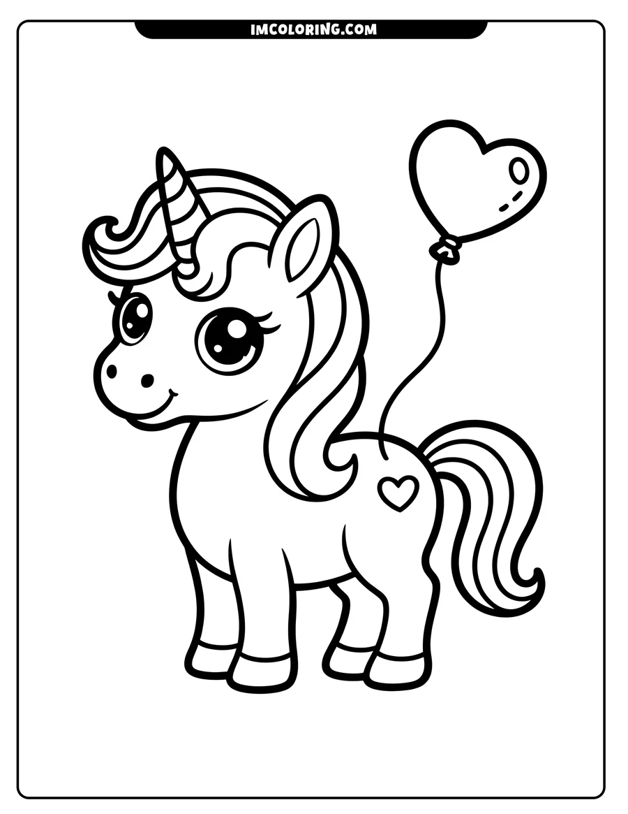 Outline of a cartoon unicorn holding a heart-shaped balloon. The unicorn has a striped horn, large eyes, and a heart on its flank.