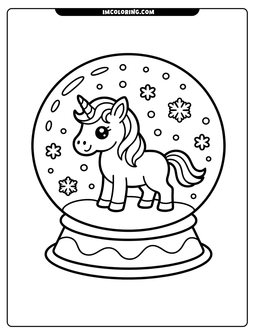 Outline of a unicorn inside a snow globe, surrounded by snowflakes. The globe rests on a decorative stand.
