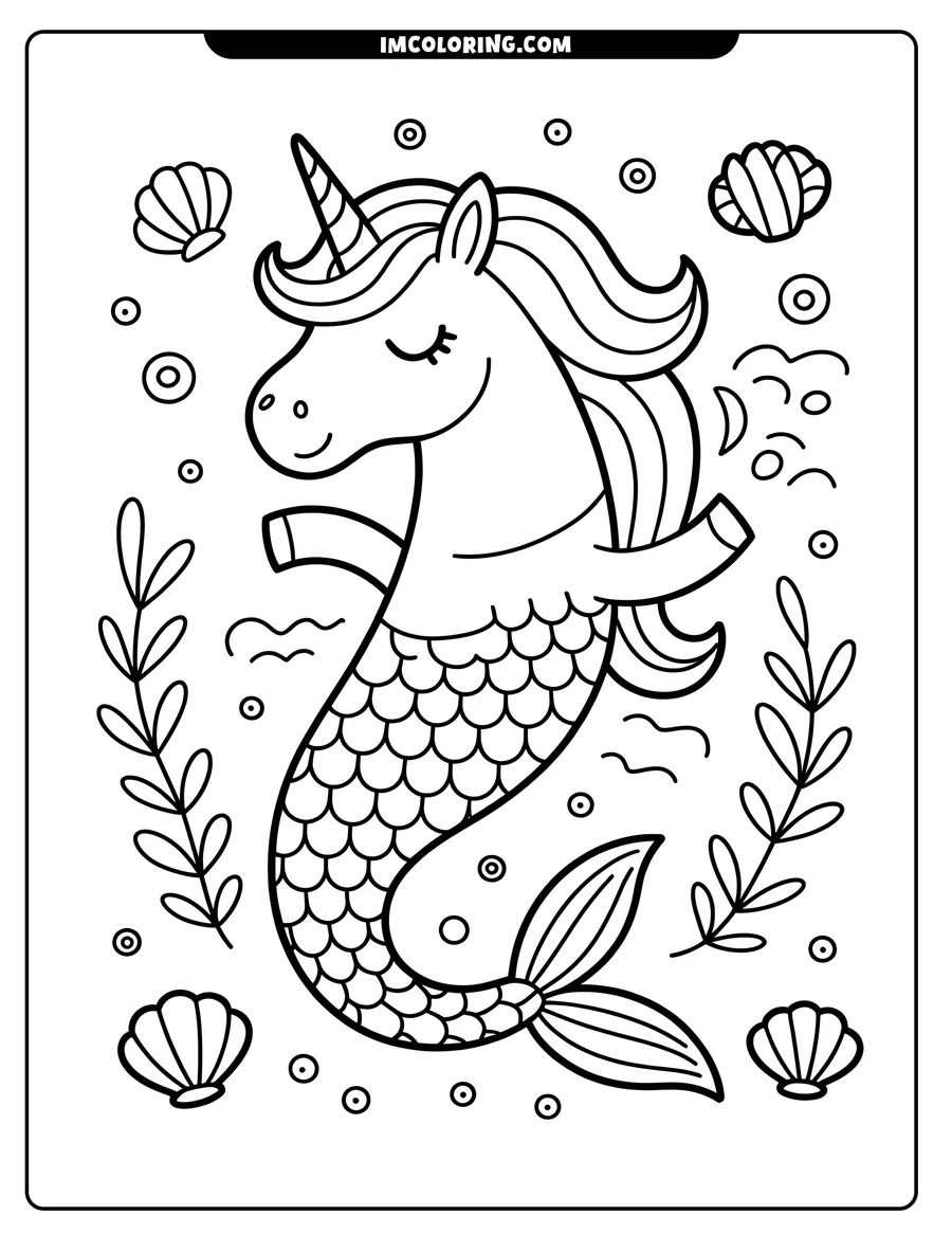 Line art of a unicorn mermaid with a flowing mane, striped horn, and detailed fishtail scales, swimming amidst bubbles, seaweed, and seashells.