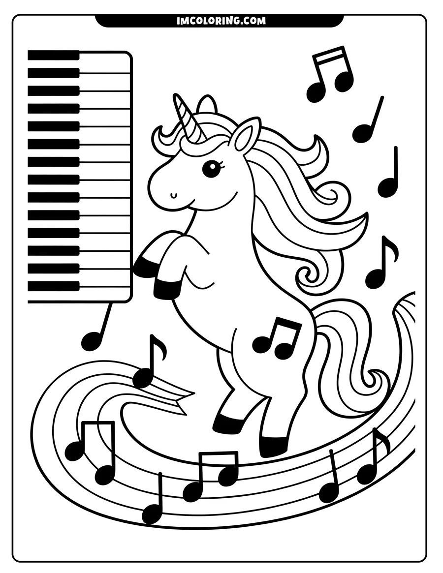 Line art of a unicorn surrounded by musical notes and a piano keyboard.