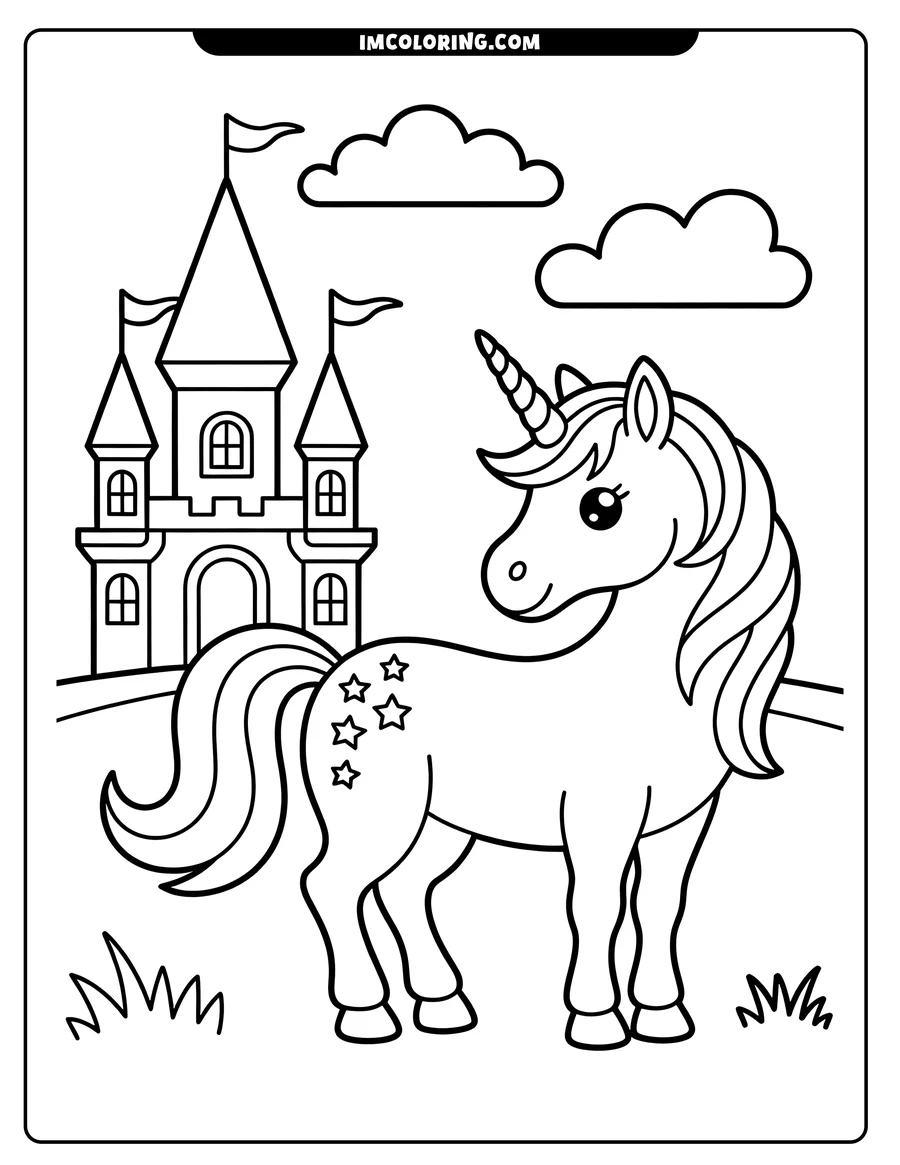 Line art of a unicorn with a castle in the background. The unicorn has stars on its flank, and flags wave from the castle towers.