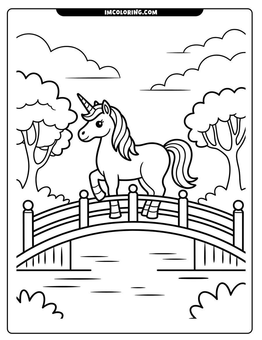 Outline of a unicorn with a striped horn standing on a bridge over a stream. Trees, bushes, and clouds complete the serene landscape.