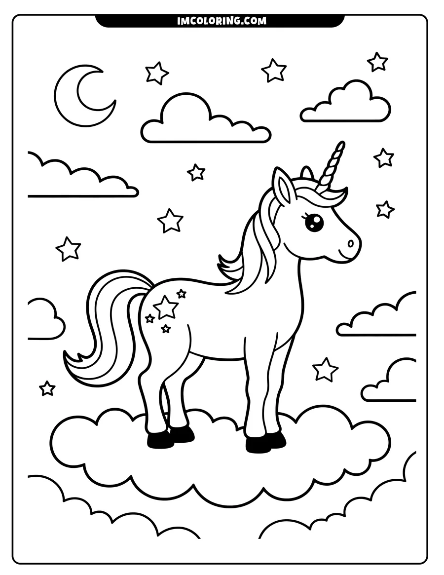 Outline of a unicorn standing on a cloud, with stars and a crescent moon in the background.