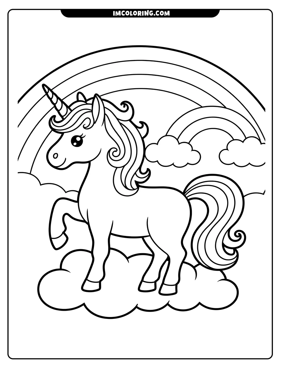 Outline of a unicorn standing on a cloud with a rainbow behind it.